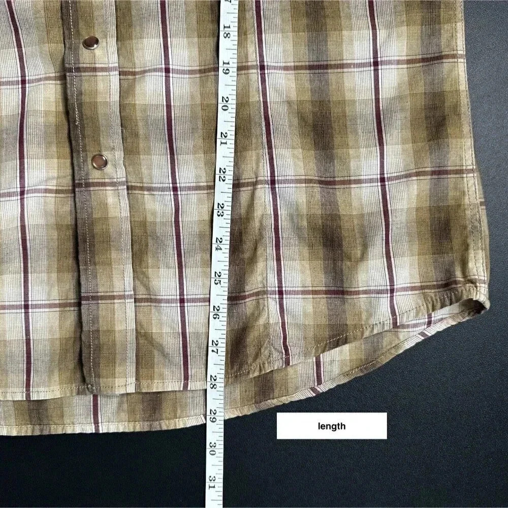 Western Plaid Shirt Mens Medium Tan Short Sleeve Pearl Snap Flap Pockets Cowboy - Picture 7 of 7